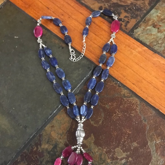 Lapis Lazuli and Ruby Red Quartz 925 Necklace - Picture 2 of 6